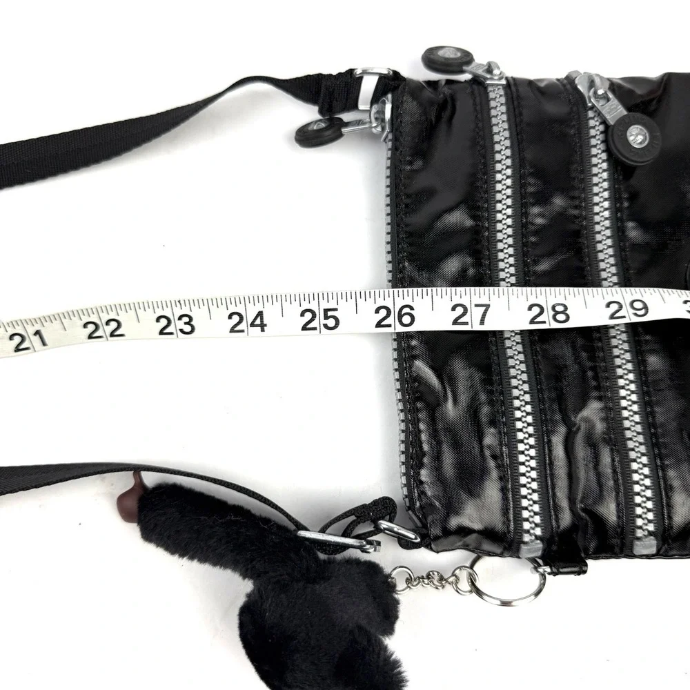 Kipling Alvar Crossbody Bag Small Shiny Black Triple Zip Monkey Charm NEW